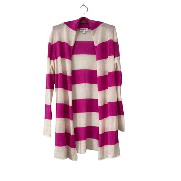 Neiman Marcus Womens Cream Pink Striped Long Line Open Cashmere Cardigan Size M - Picture 1 of 5